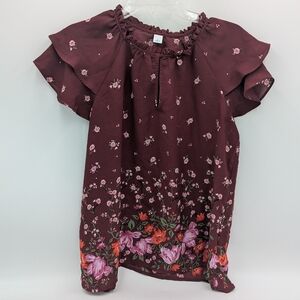 Old Navy Floral Burgundy Blouse Medium Layered Short Sleeve Ruffle Neck Boho